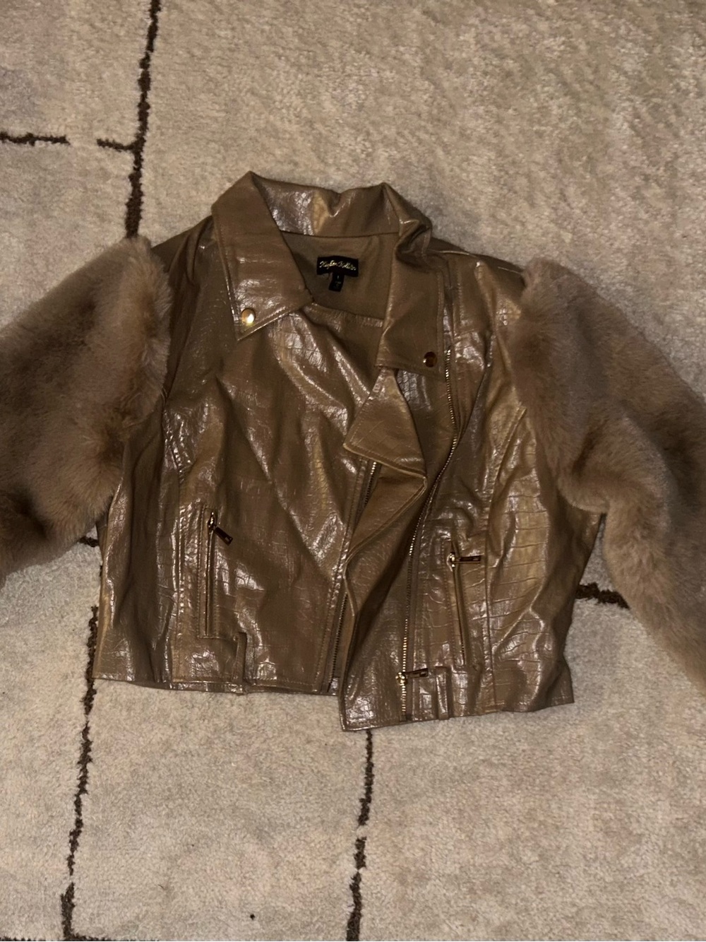 Fashion Nova Metallic Taupe Faux Leather Moto Jacket with Fur Sleeves